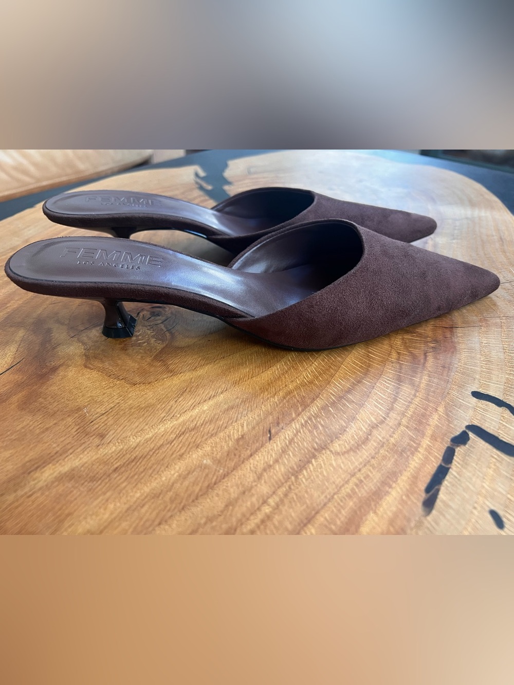 FEMME LA St. Honore Slipper Suede Coco Brown Pointed Toe Mule Kitten Heel